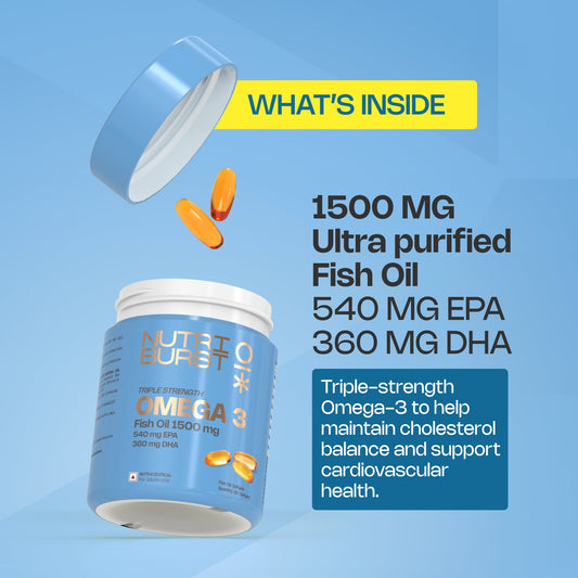 Nutriburst Triple Strength Omega-3 Fish Oil Capsules 1500mg | High Strength Softgels for Men and Women | 540mg EPA and 360mg DHA | Omega3 Supplement for Heart, Brain, Skin & Joint Support | 60 S