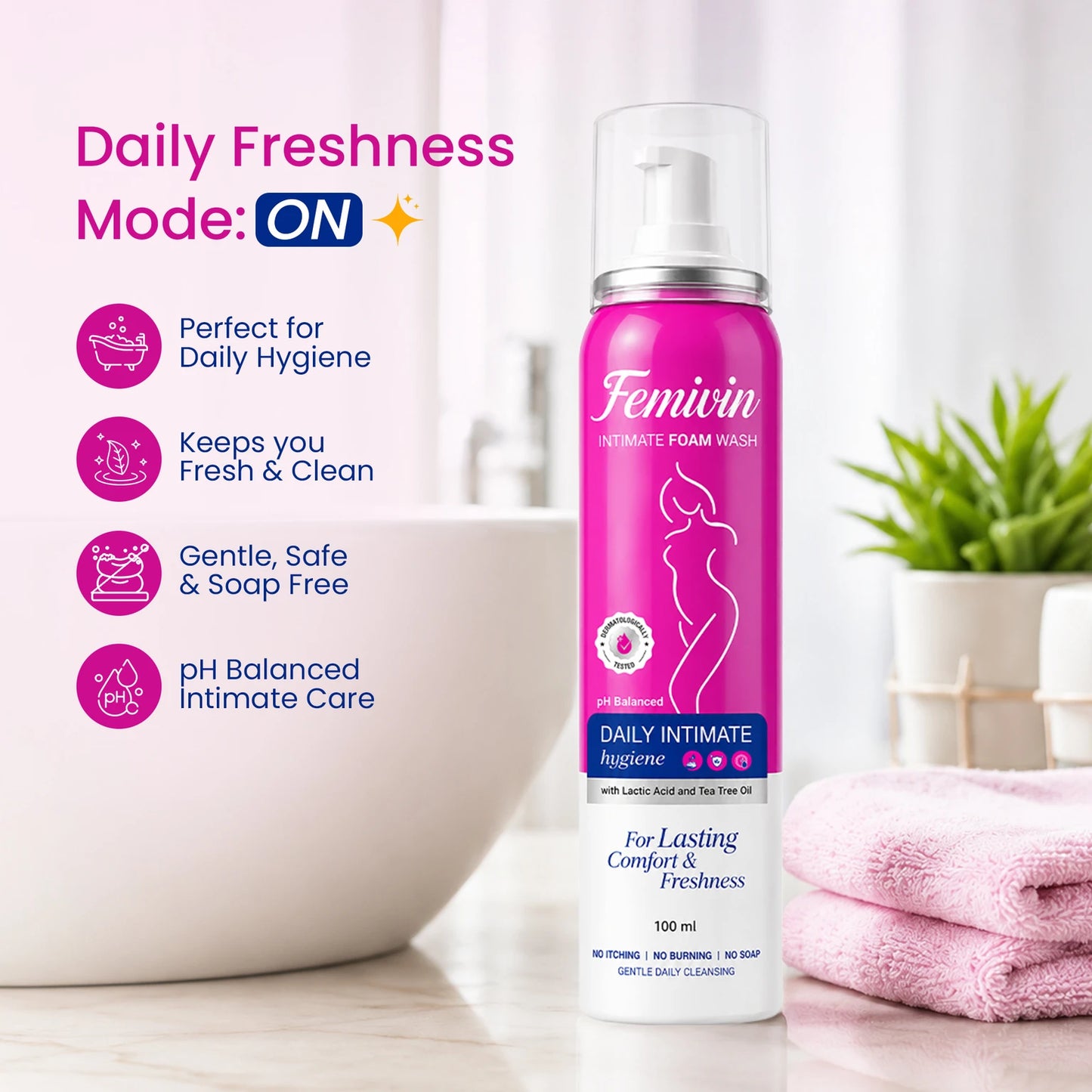 Femivin Intimate Wash for Women, pH Balanced Prevents Dryness, Itchiness And Irritation Intimate Foam (100 ml, Pack of 1)