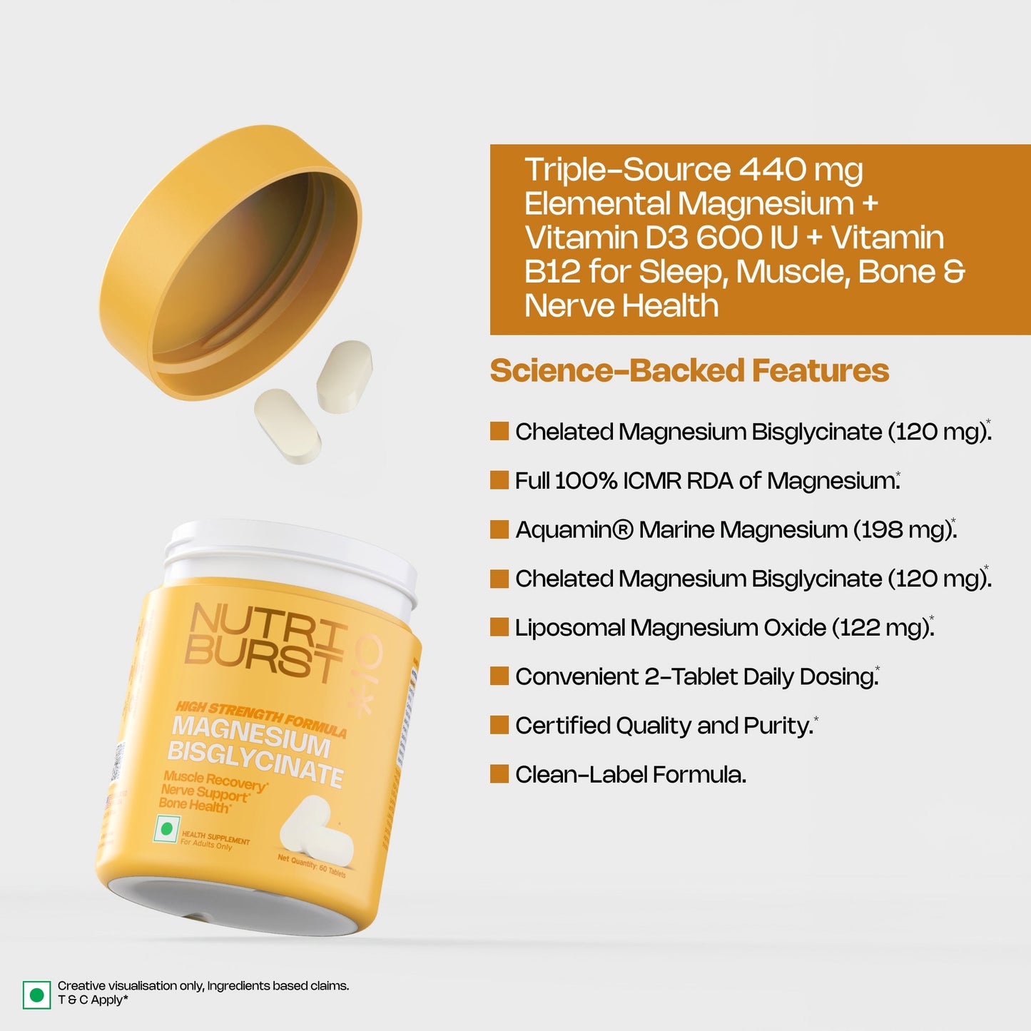 Magnesium Bisglycinate 60 Tablets | Chelated High Absorption Magnesium Supplement | Supports Sleep, Muscle Recovery, Stress Relief, Nerve Function & Bone Health | High Strength Formulated | Vegetarian