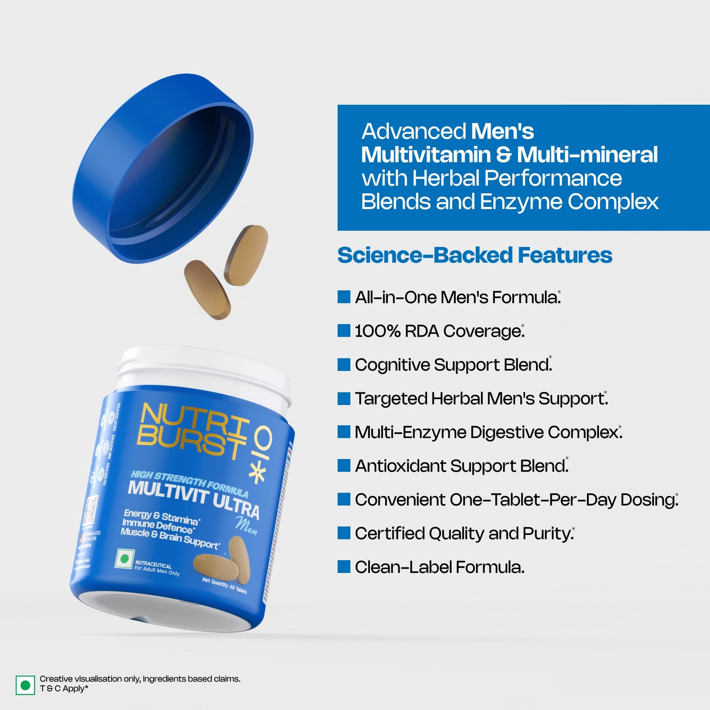 Multivitamin Ultra Tablets for Men | High Strength US Formula | Immunity, Muscle & Brain Support | 60+ Premium Nutrients | Veg Supplement | 60 Tablets