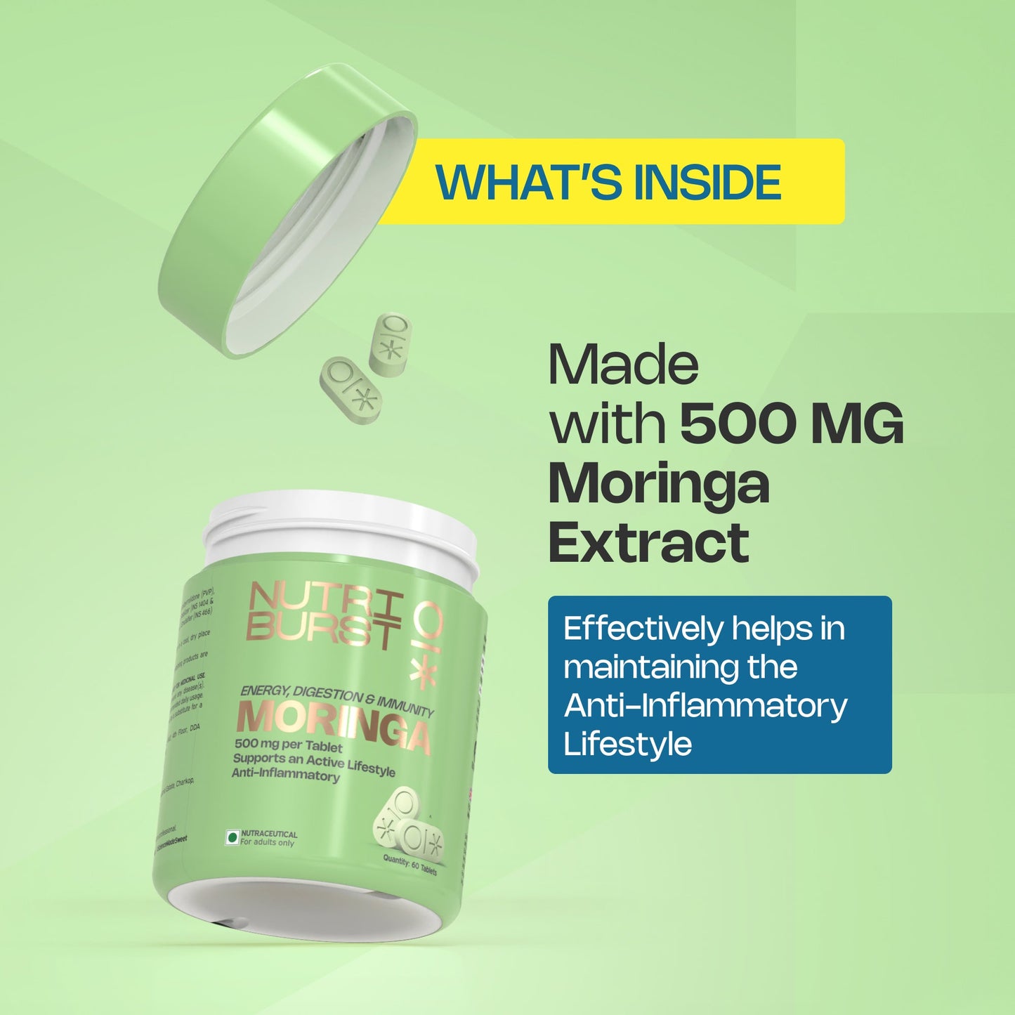 Nutriburst Moringa 500mg – 60 Veg Tablets | Pure & Natural Moringa for Men and Women | Wellness Supports Immunity, Digestion, Energy and Active Lifestyle | Anti-Inflammatory Superfood