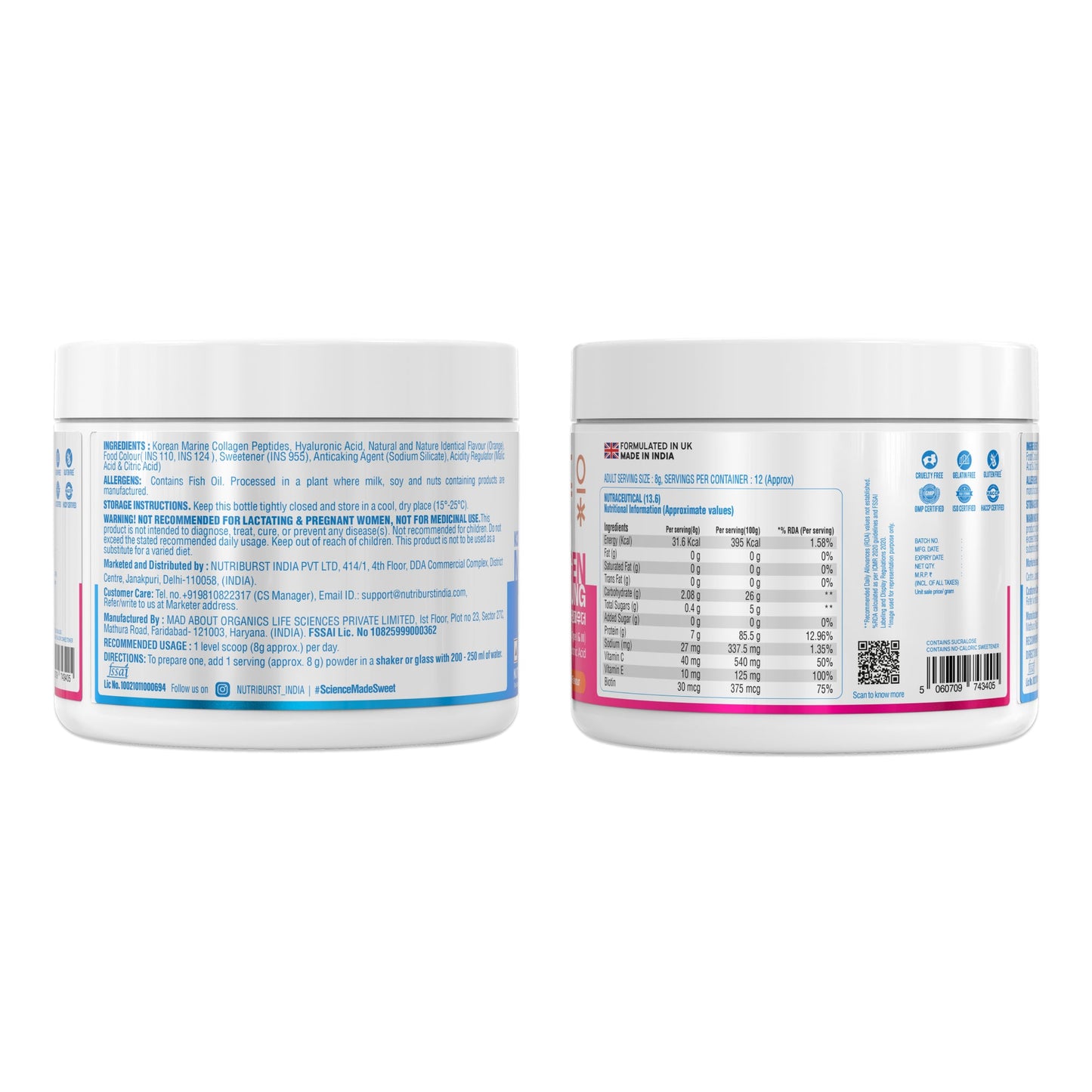 Nutriburst Korean Marine Collagen Peptides Supplement for Skin, Hair, Nails & Joints | With shaker | Clinically Proven Ingredient | High Absorption 8 gms Collagen, 100 gms