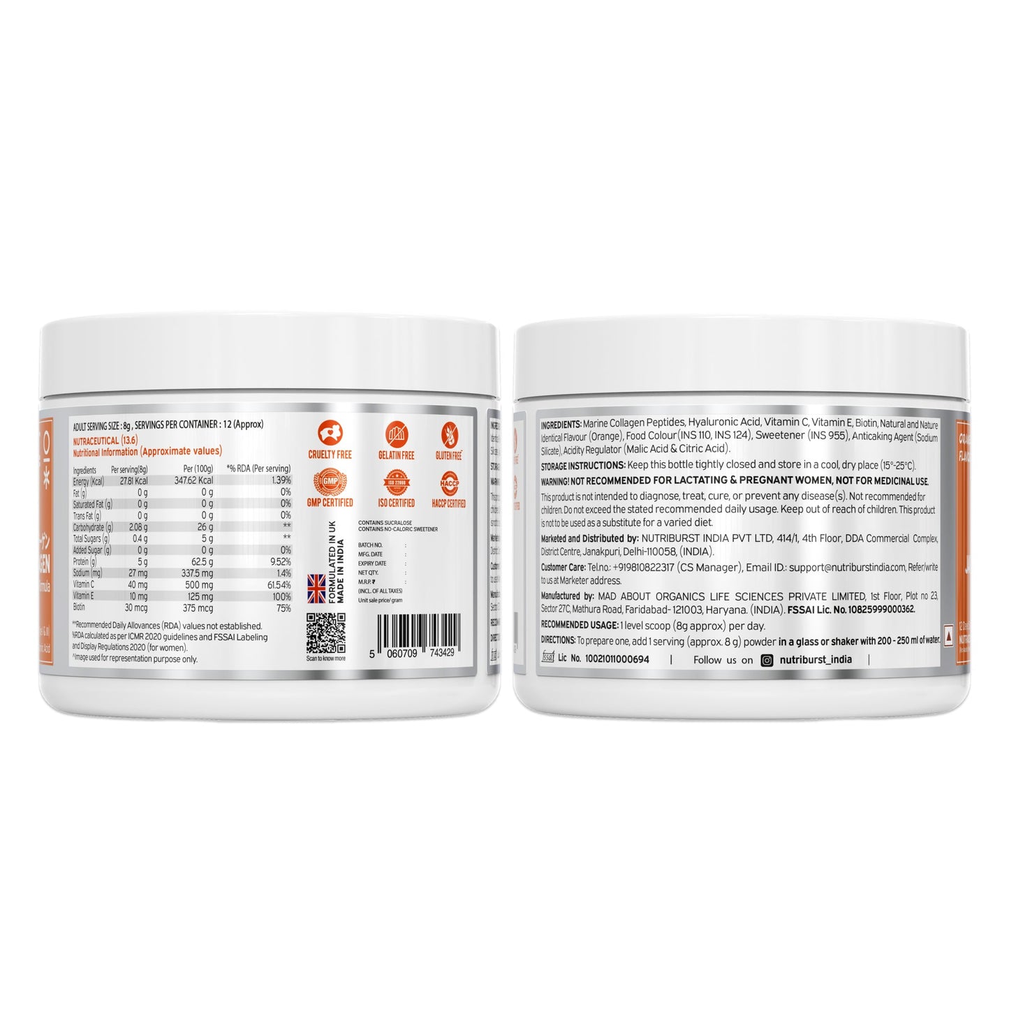 Nutriburst Pure Japanese Marine Collagen Peptides Supplement for Skin, Hair, Nails & Joints with Shaker | Clinically Proven Ingredient | High Absorption 8 gms Collagen, 100 gms