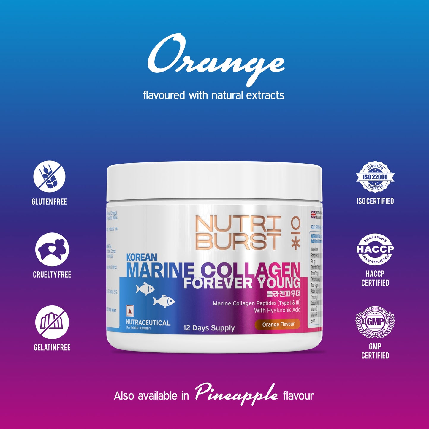 Nutriburst Korean Marine Collagen Peptides Supplement for Skin, Hair, Nails & Joints | With shaker | Clinically Proven Ingredient | High Absorption 8 gms Collagen, 100 gms