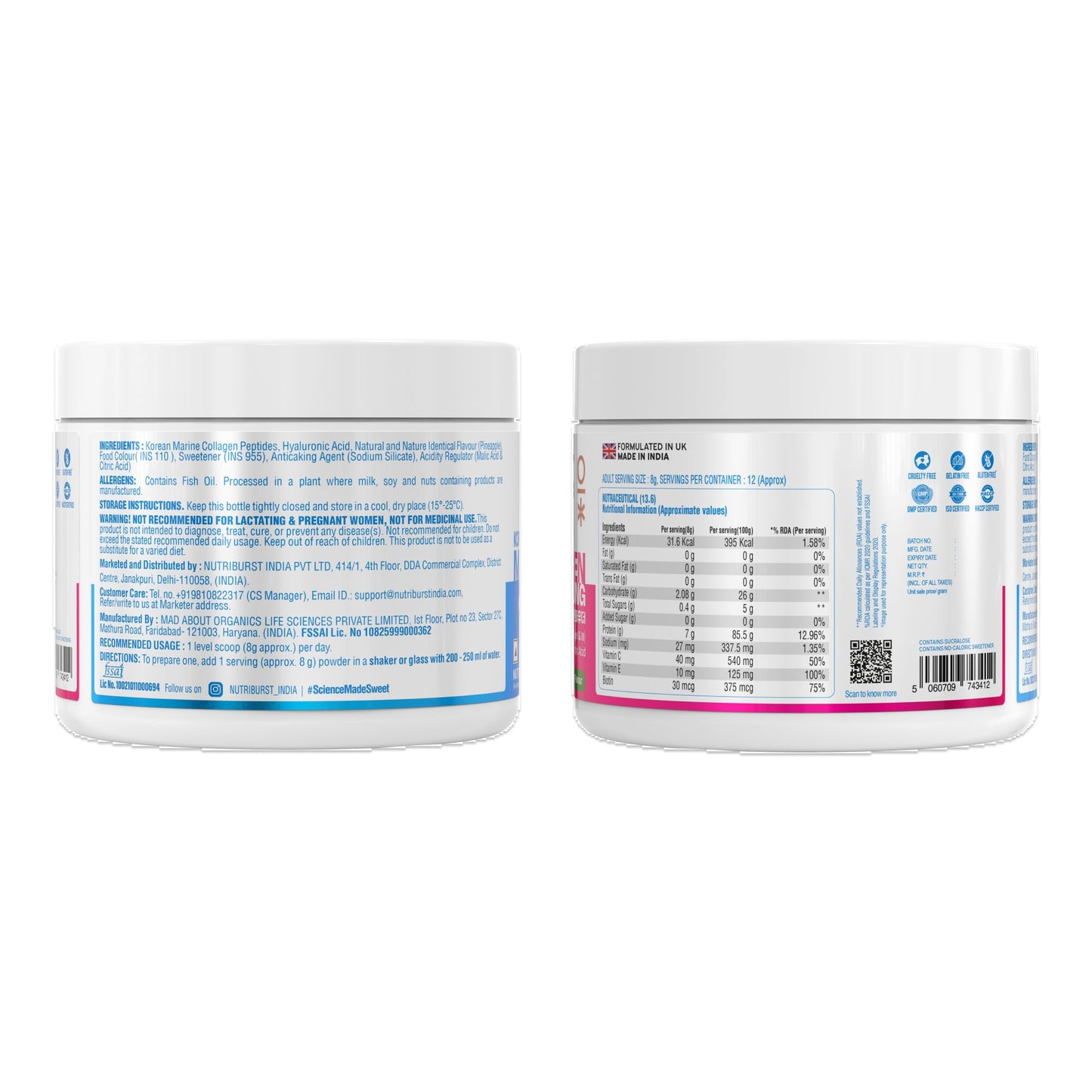 Nutriburst Korean Marine Collagen Peptides Supplement for Skin, Hair, Nails & Joints | With shaker | Clinically Proven Ingredient | High Absorption 8 gms Collagen, 100 gms