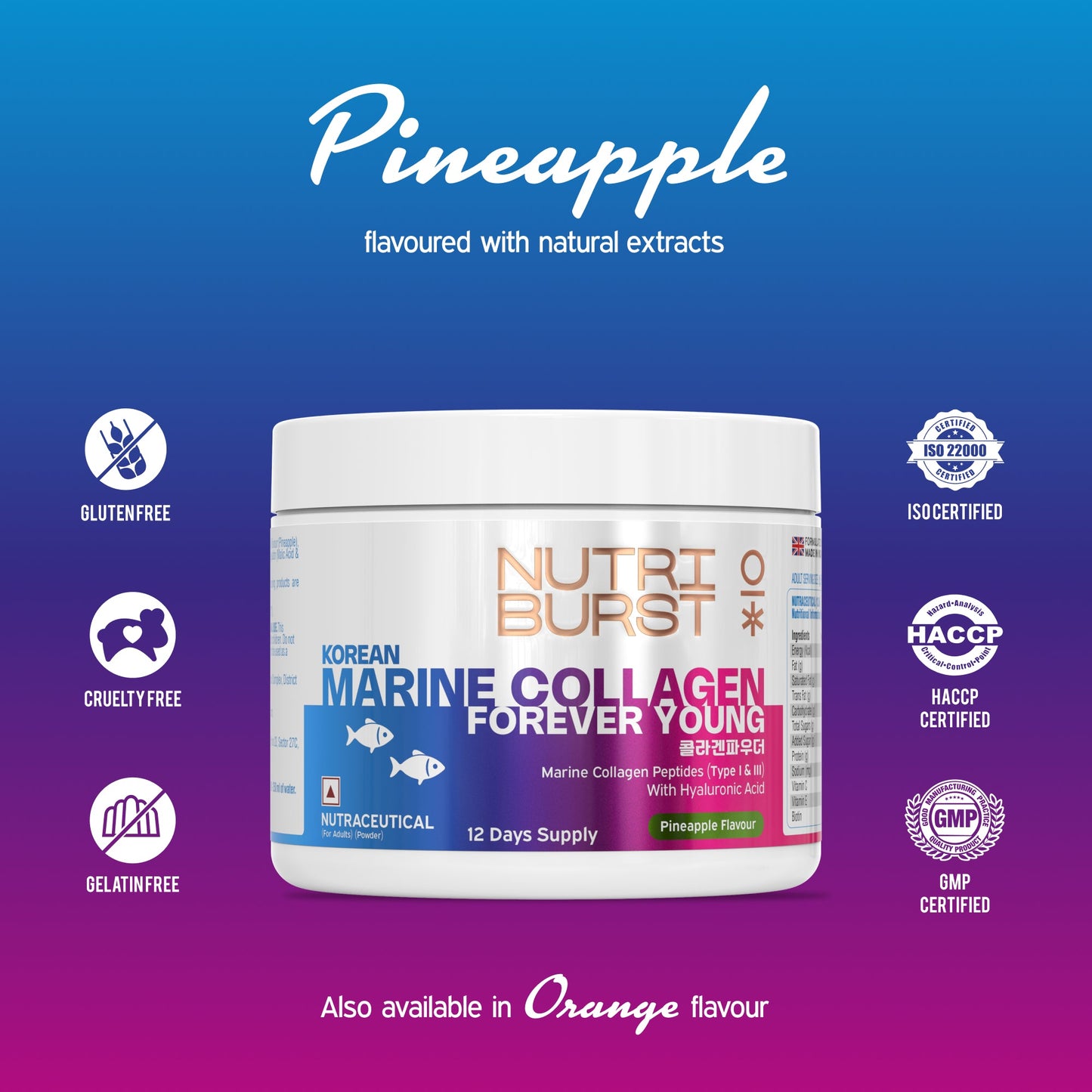 Nutriburst Korean Marine Collagen Peptides Supplement for Skin, Hair, Nails & Joints | With shaker | Clinically Proven Ingredient | High Absorption 8 gms Collagen, 100 gms
