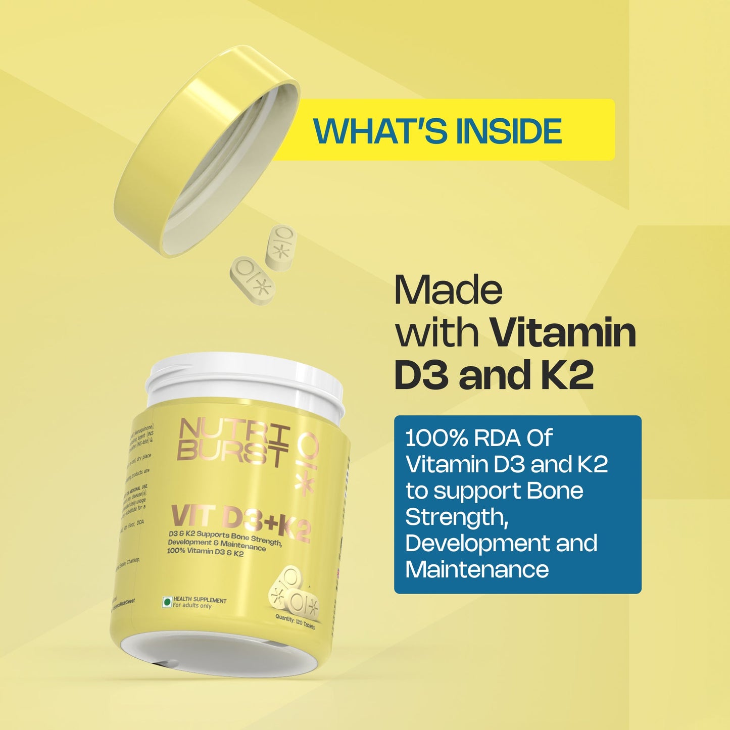 Nutriburst Vitamin D3 + K2 | Vitamin D3 K2 Supplement for Men & Women | Supports Bone Strength & Heart Health | 100% Vitamin D with K2 for Better Absorption | 120 Veg Tablets (4-Month Pack)