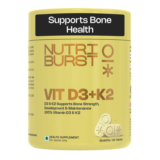 Nutriburst Vitamin D3 + K2 | Vitamin D3 K2 Supplement for Men & Women | Supports Bone Strength & Heart Health | 100% Vitamin D with K2 for Better Absorption | 120 Veg Tablets (4-Month Pack)