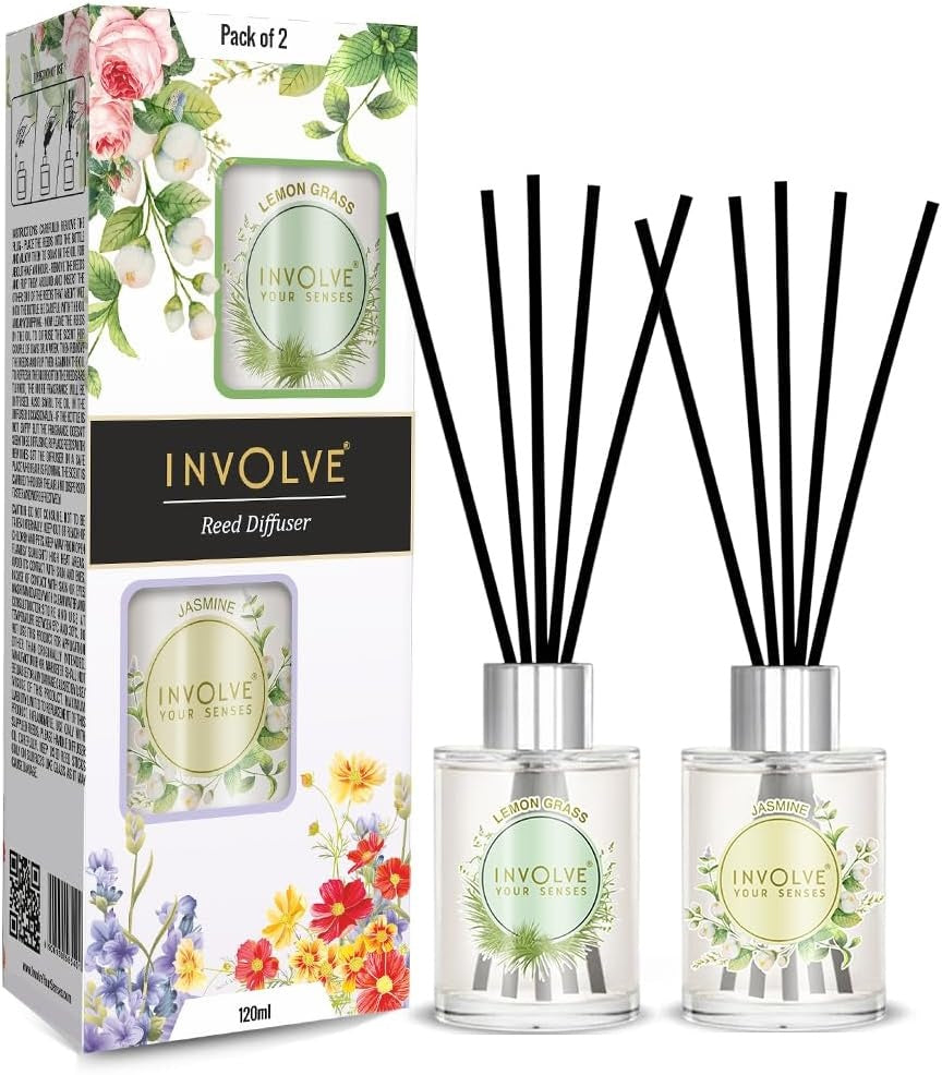 Pura Reed Diffuser Set- Lemongrass & Jasmine - 120 ml | Oil Diffuser with Free 10 Reed Sticks | Pack of 2