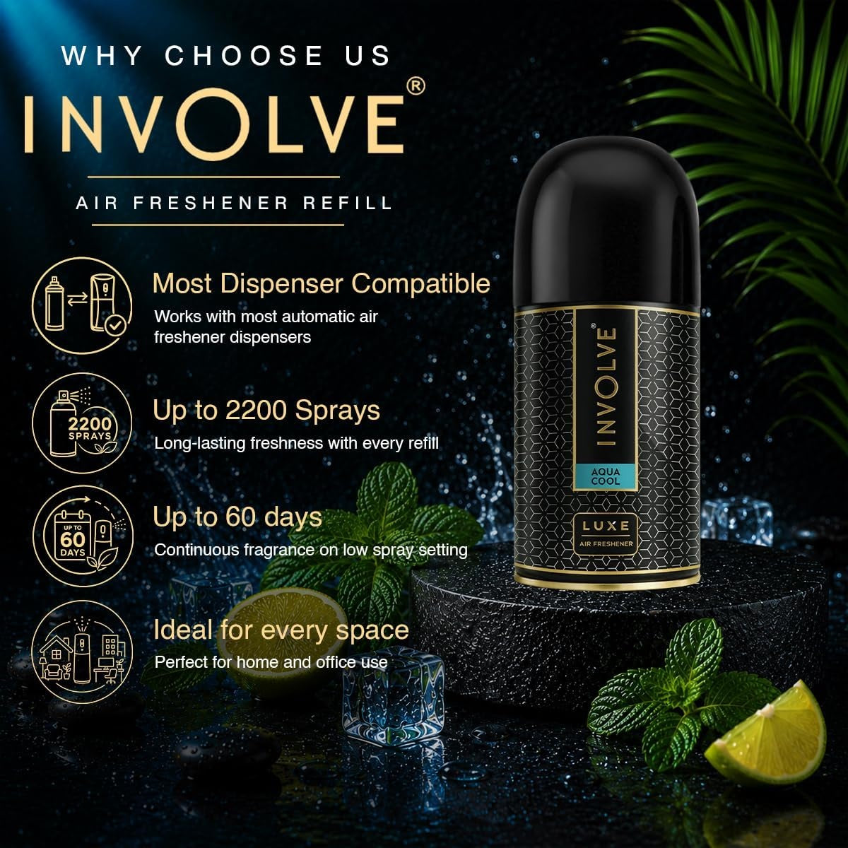Involve Luxe - Aqua Cool Automatic Room Fresheners Refill Pack | 2200 Sprays Guaranteed | Lasts up to 60 Days (225ml)