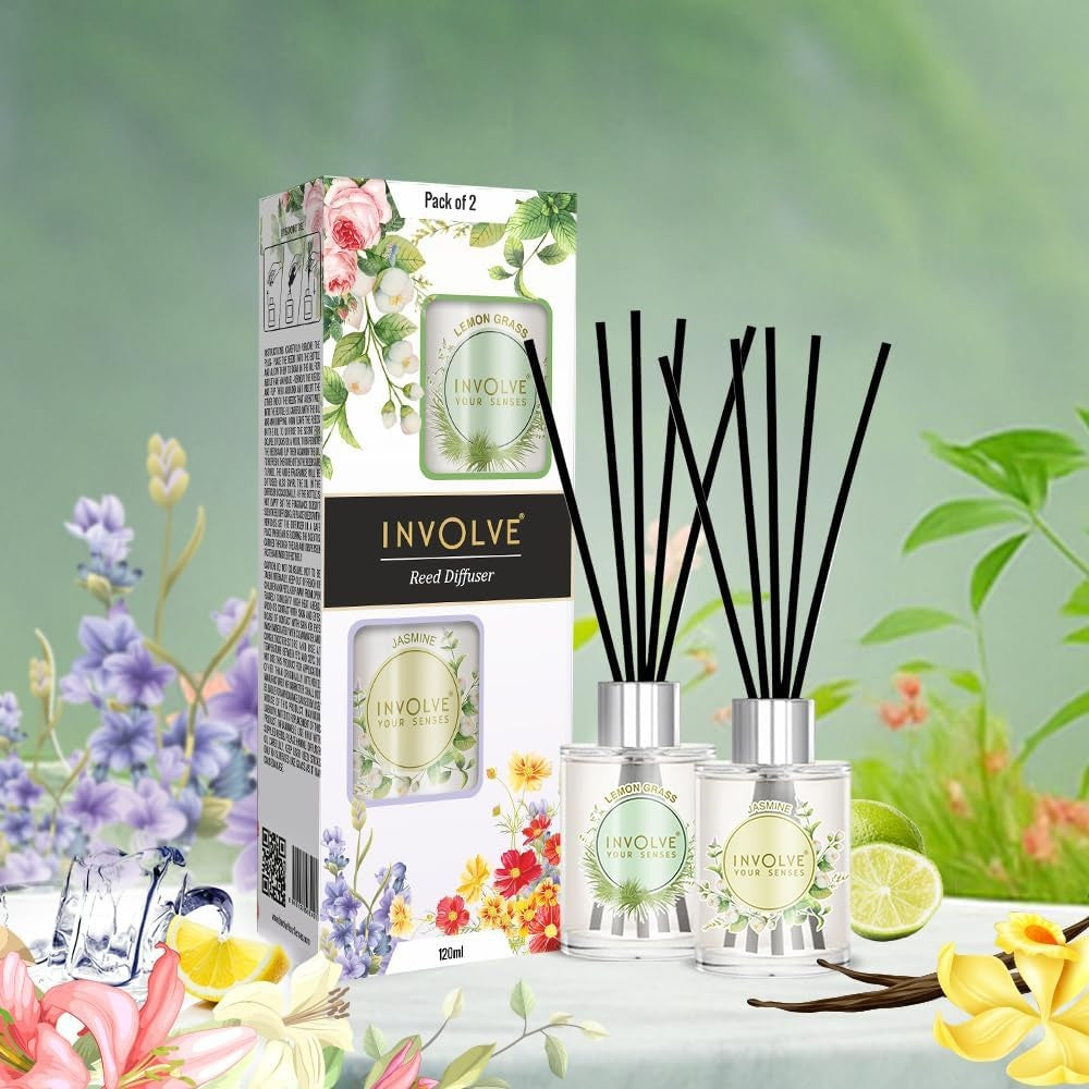 Pura Reed Diffuser Set- Lemongrass & Jasmine - 120 ml | Oil Diffuser with Free 10 Reed Sticks | Pack of 2