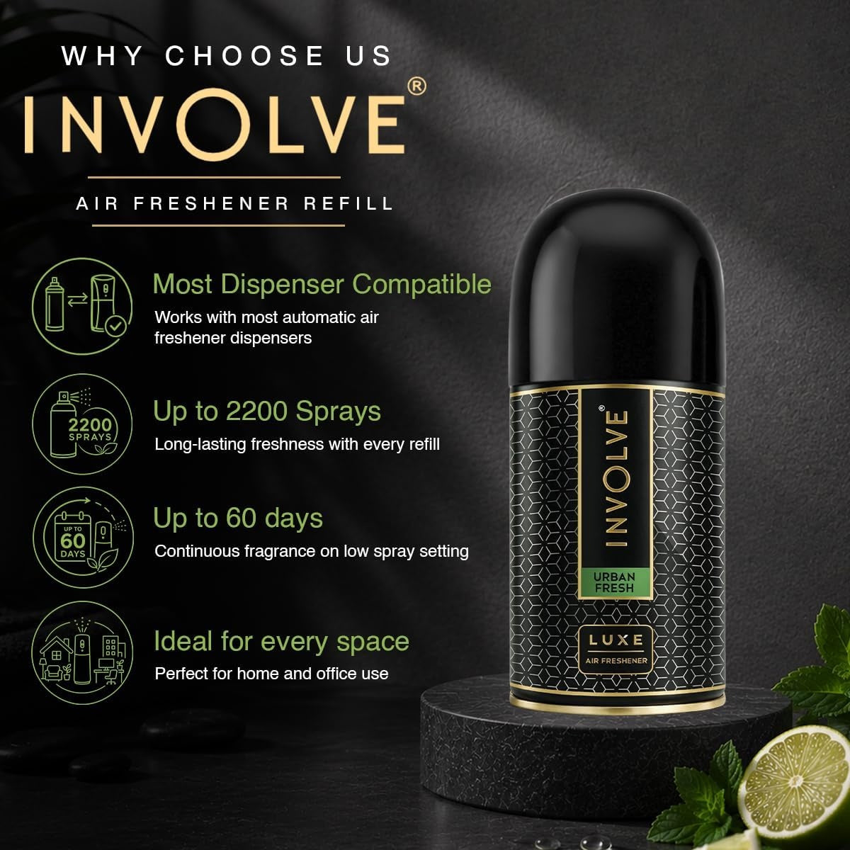 Involve Luxe - Urban Fresh Automatic Room Fresheners Refill Pack | 2200 Sprays Guaranteed | Lasts up to 60 Days (225ml)
