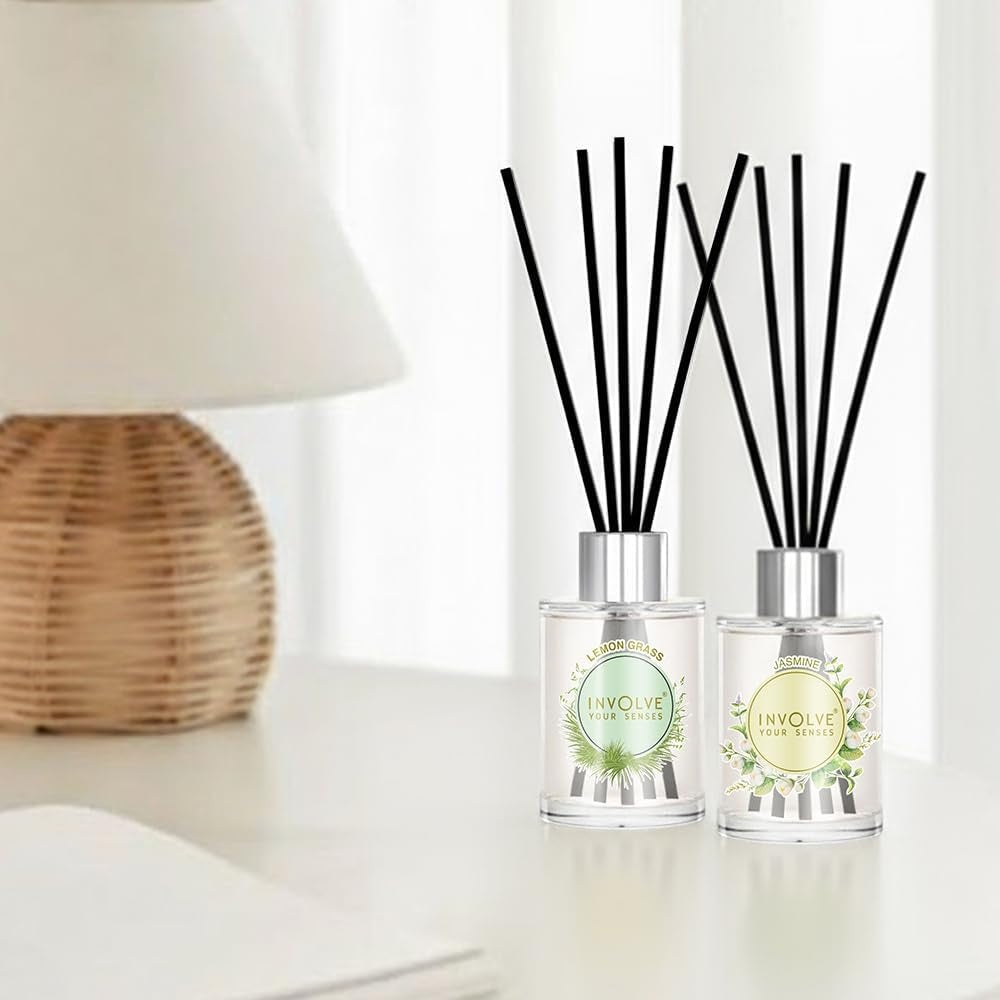 Pura Reed Diffuser Set- Lemongrass & Jasmine - 120 ml | Oil Diffuser with Free 10 Reed Sticks | Pack of 2