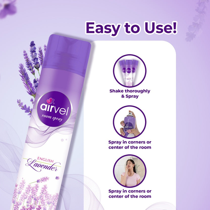 Airvel English Lavender & Burst Lavender Spray – Refresh Your Space Instantly, Eliminates Odours (2 × 217 ml)
