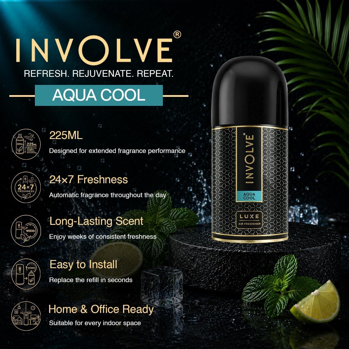 Involve Luxe - Aqua Cool Automatic Room Fresheners Refill Pack | 2200 Sprays Guaranteed | Lasts up to 60 Days (225ml)