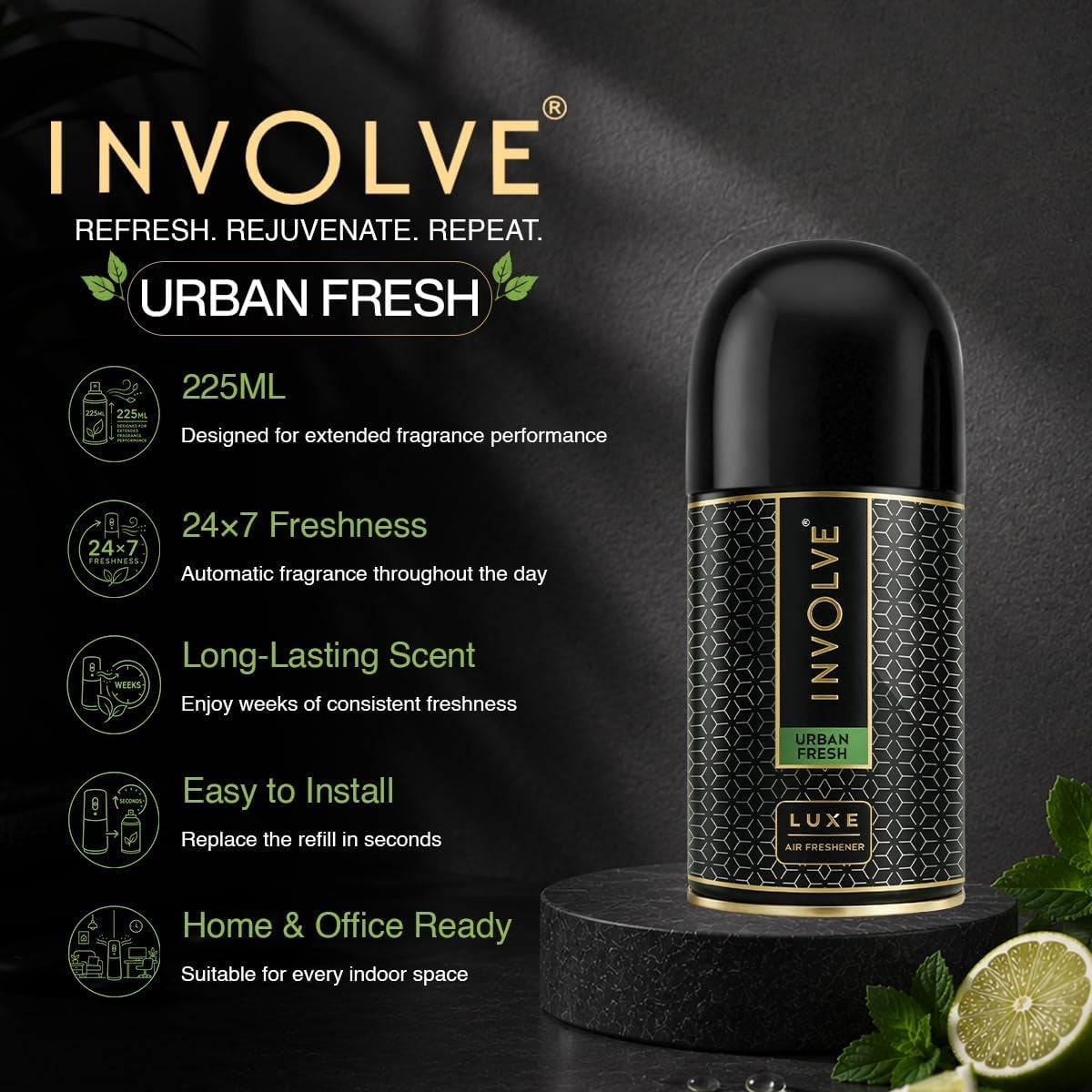 Involve Luxe - Urban Fresh Automatic Room Fresheners Refill Pack | 2200 Sprays Guaranteed | Lasts up to 60 Days (225ml)