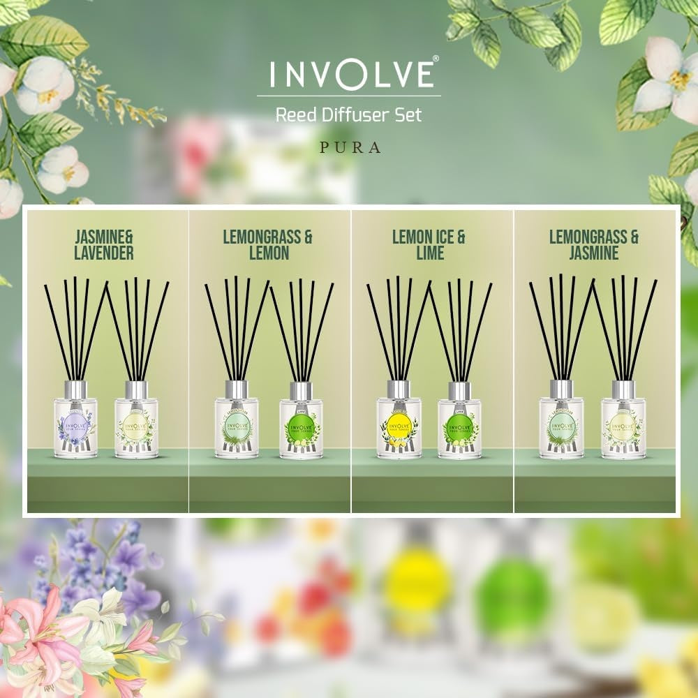 Pura Reed Diffuser Set- Lemongrass & Jasmine - 120 ml | Oil Diffuser with Free 10 Reed Sticks | Pack of 2