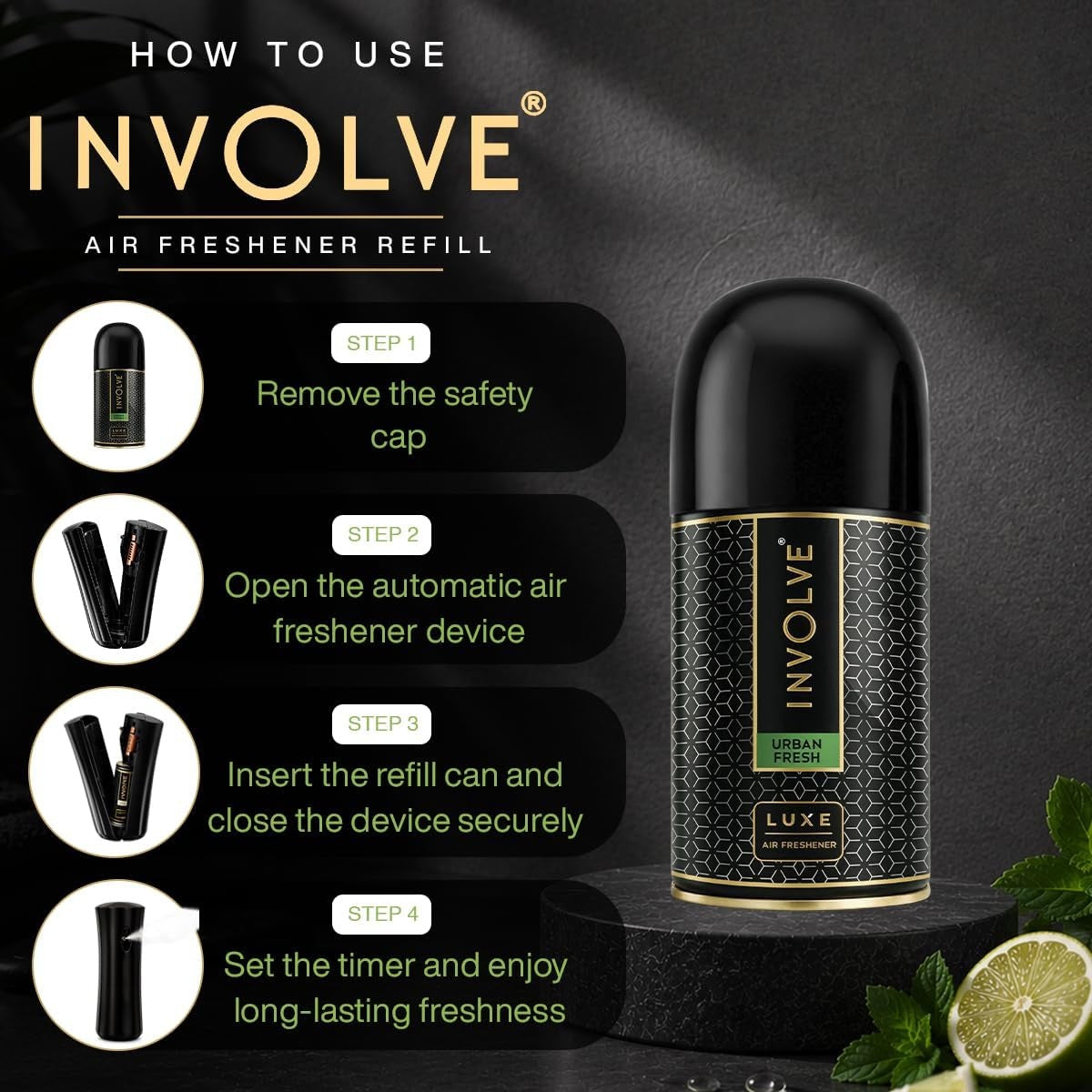 Involve Luxe - Urban Fresh Automatic Room Fresheners Refill Pack | 2200 Sprays Guaranteed | Lasts up to 60 Days (225ml)