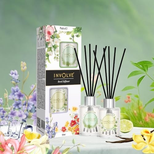 Pura Reed Diffuser Set- Lemongrass & Jasmine - 120 ml | Oil Diffuser with Free 10 Reed Sticks | Pack of 2