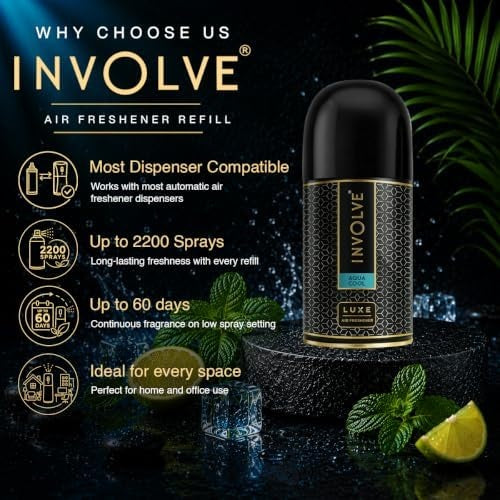 Involve Luxe - Aqua Cool Automatic Room Fresheners Refill Pack | 2200 Sprays Guaranteed | Lasts up to 60 Days (225ml)