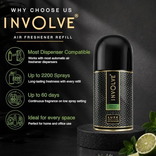 Involve Luxe - Urban Fresh Automatic Room Fresheners Refill Pack | 2200 Sprays Guaranteed | Lasts up to 60 Days (225ml)