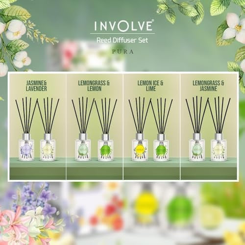 Pura Reed Diffuser Set- Lemongrass & Jasmine - 120 ml | Oil Diffuser with Free 10 Reed Sticks | Pack of 2